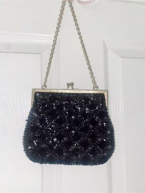 Vintage Black Beaded Evening Clutch with Gold Frame